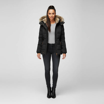Comfortable Black Puffer Jacket for Women with Hooded Button Front Quilted Layered Style