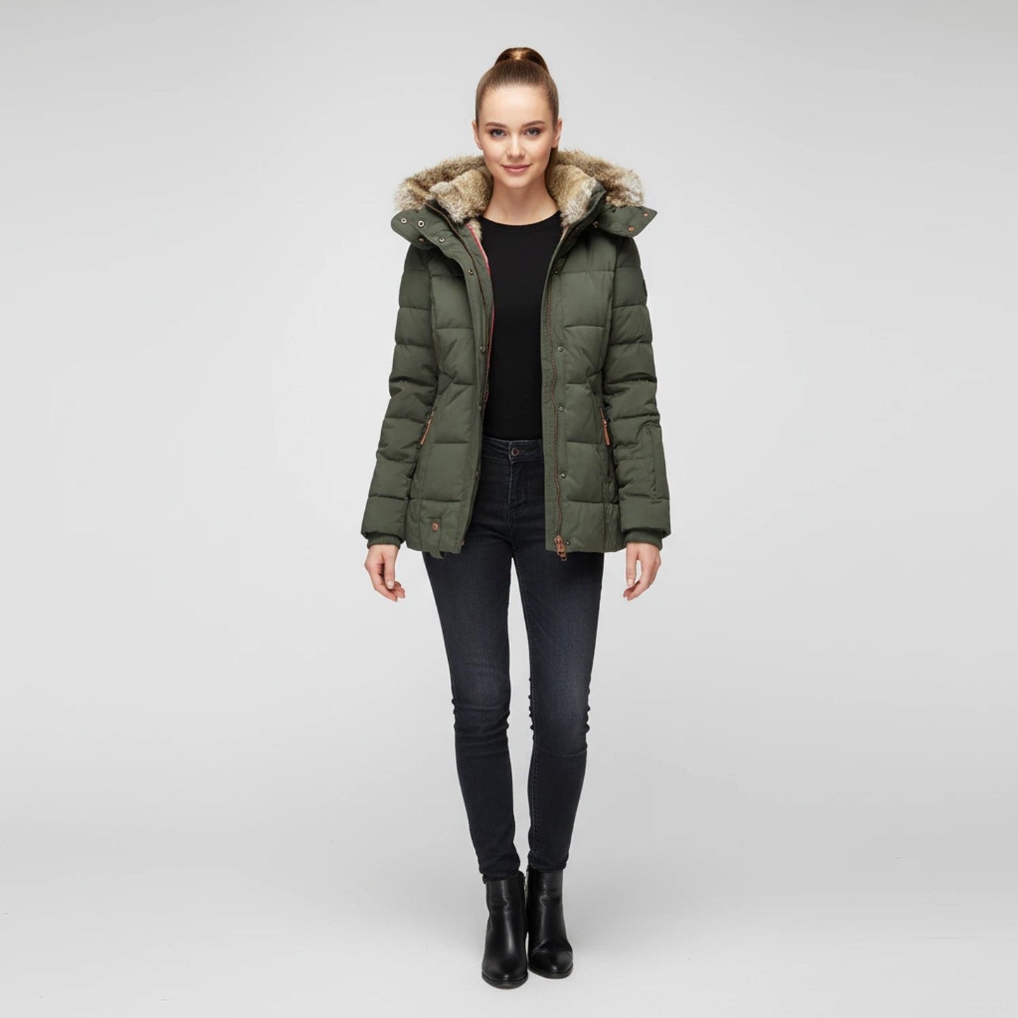 Comfortable Black Puffer Jacket for Women with Hooded Button Front Quilted Layered Style