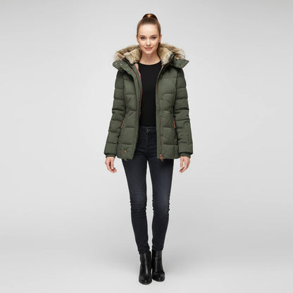 Comfortable Black Puffer Jacket for Women with Hooded Button Front Quilted Layered Style