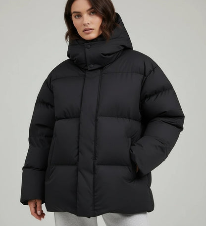 Comfortable Black Puffer Jacket for Women with Hooded Oversized Fit Relaxed Fit Quilted Everyday Style