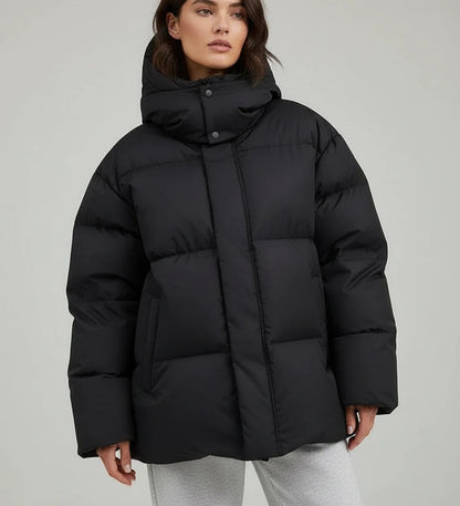 Comfortable Black Puffer Jacket for Women with Hooded Oversized Fit Relaxed Fit Quilted Everyday Style
