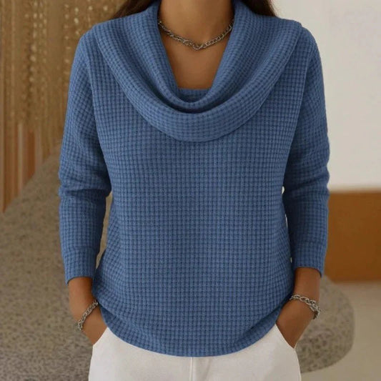 Comfortable Black Sweater for Women with Cowl Neck Waffle Knit Knit Layered Style