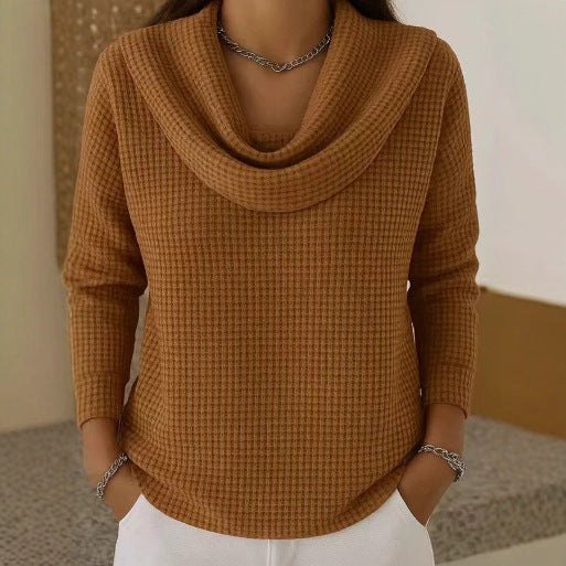 Comfortable Black Sweater for Women with Cowl Neck Waffle Knit Knit Layered Style