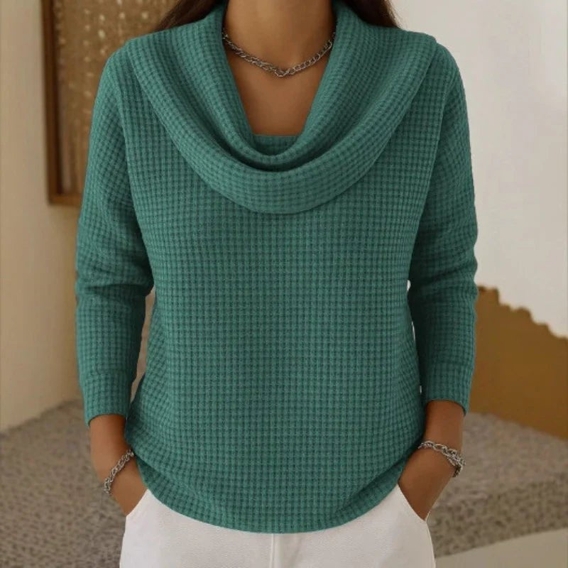 Comfortable Black Sweater for Women with Cowl Neck Waffle Knit Knit Layered Style
