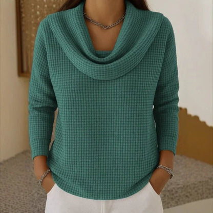 Comfortable Black Sweater for Women with Cowl Neck Waffle Knit Knit Layered Style