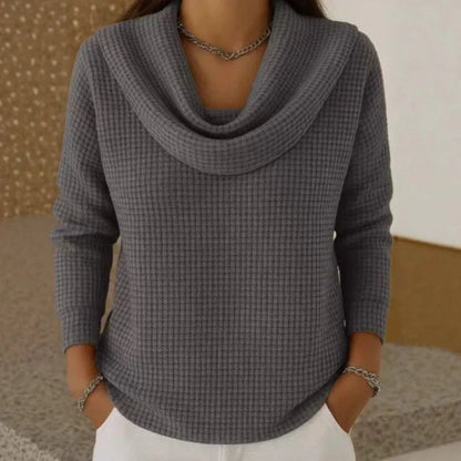Comfortable Black Sweater for Women with Cowl Neck Waffle Knit Knit Layered Style