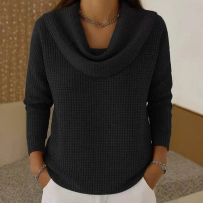 Comfortable Black Sweater for Women with Cowl Neck Waffle Knit Knit Layered Style