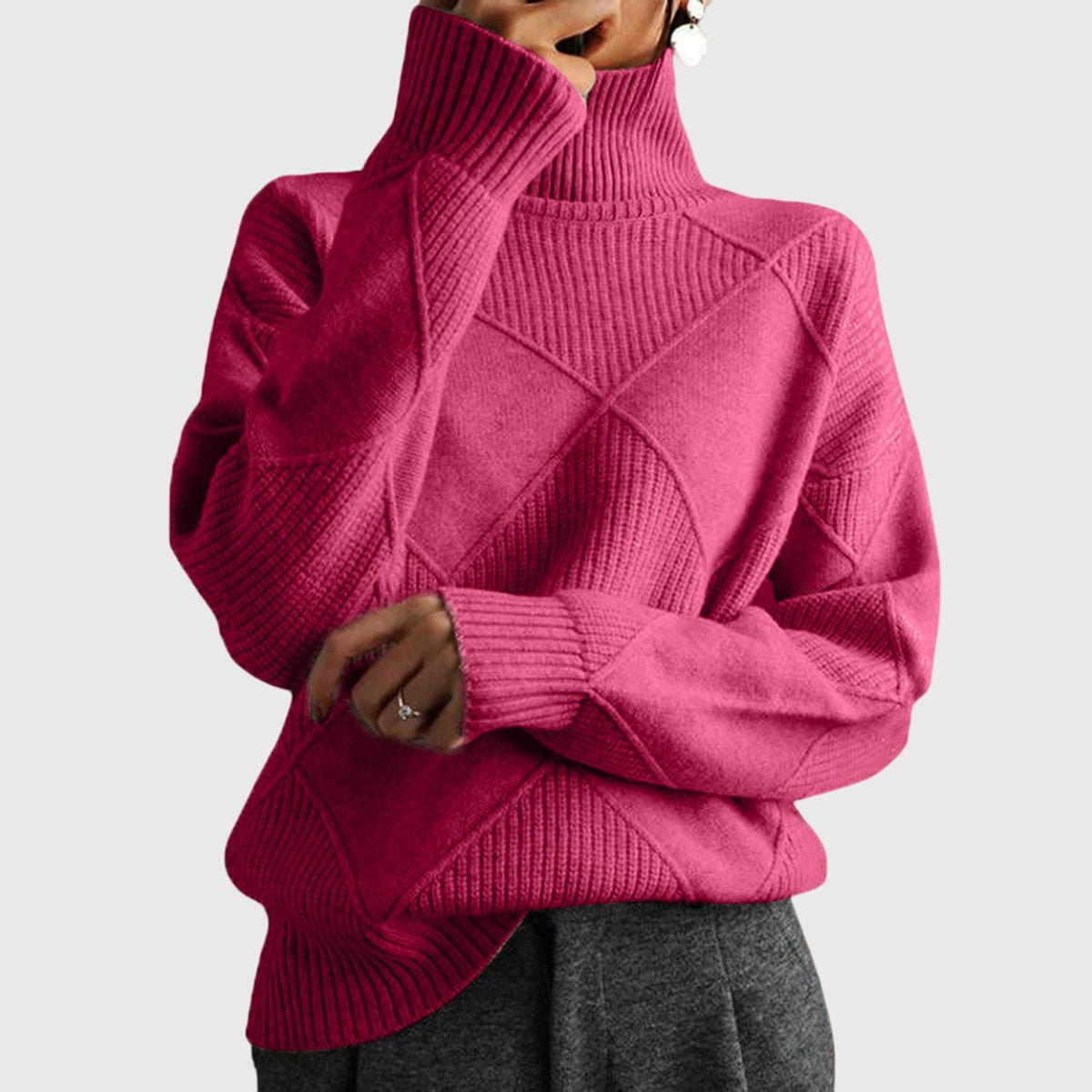 Comfortable Black Sweater for Women with Turtleneck Plaid Knit Cosy Style