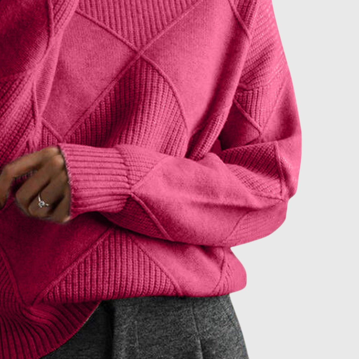 Comfortable Black Sweater for Women with Turtleneck Plaid Knit Cosy Style