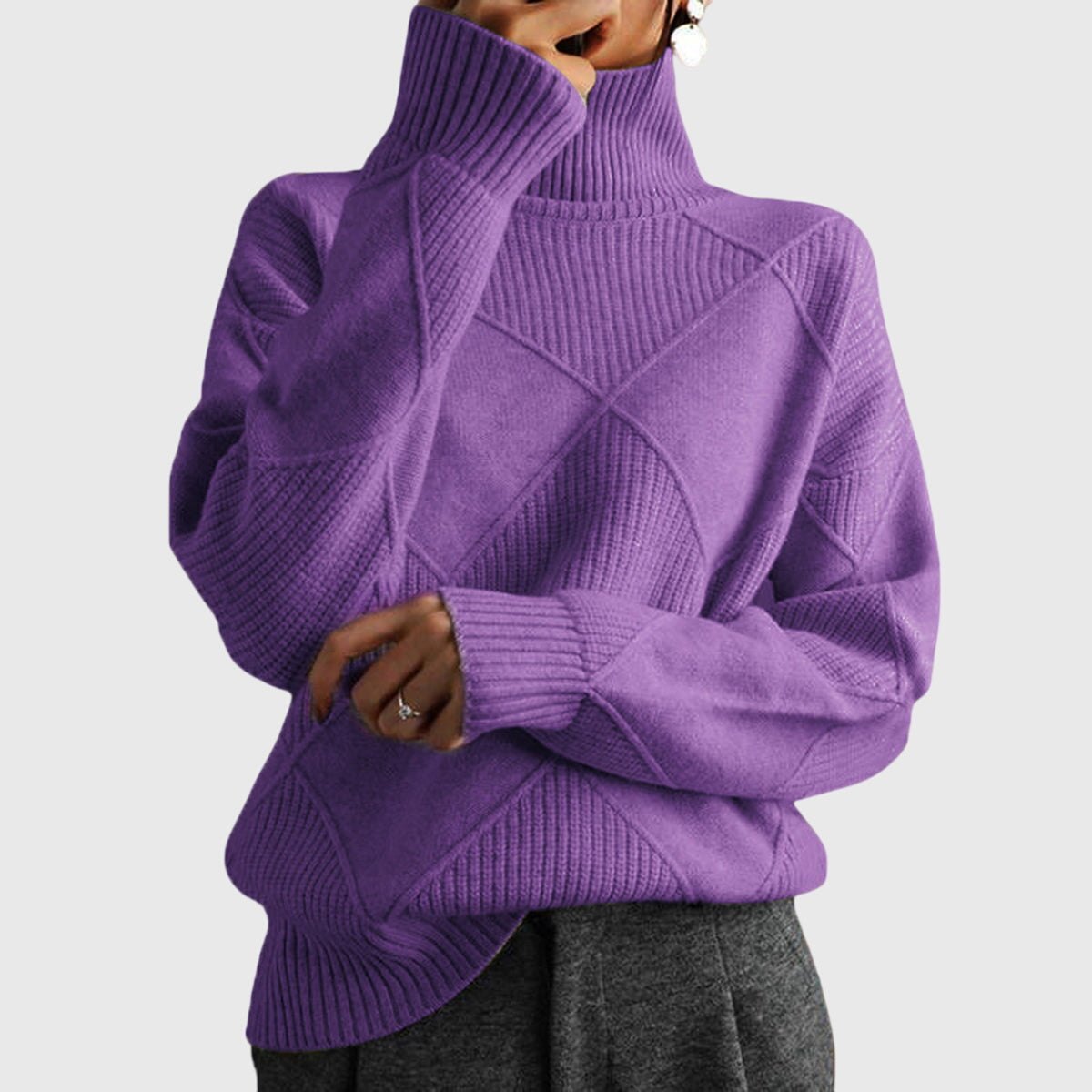 Comfortable Black Sweater for Women with Turtleneck Plaid Knit Cosy Style