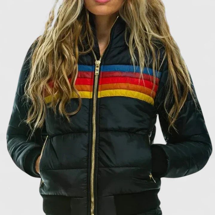Comfortable Black Winter Jacket for Women with Ribbed Plaid Relaxed Fit Outdoor Style