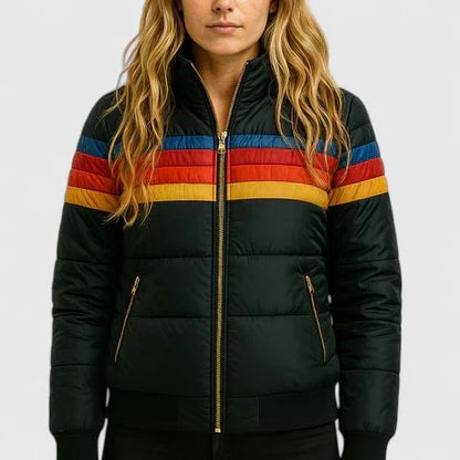 Comfortable Black Winter Jacket for Women with Ribbed Plaid Relaxed Fit Outdoor Style