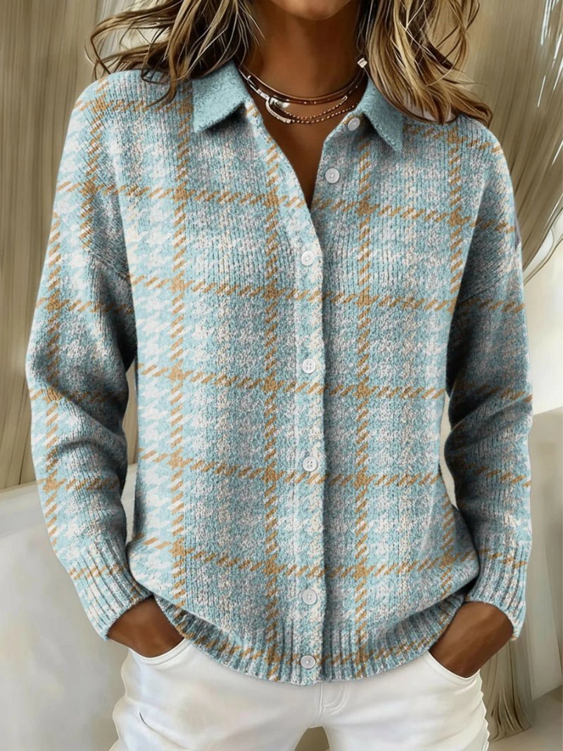 Comfortable Blue Cardigan for Women with Collared Button Front Plaid Cosy Style