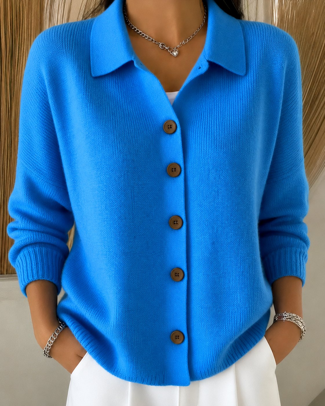 Comfortable Blue Cardigan for Women with Collared Button Front Knit Cosy Style