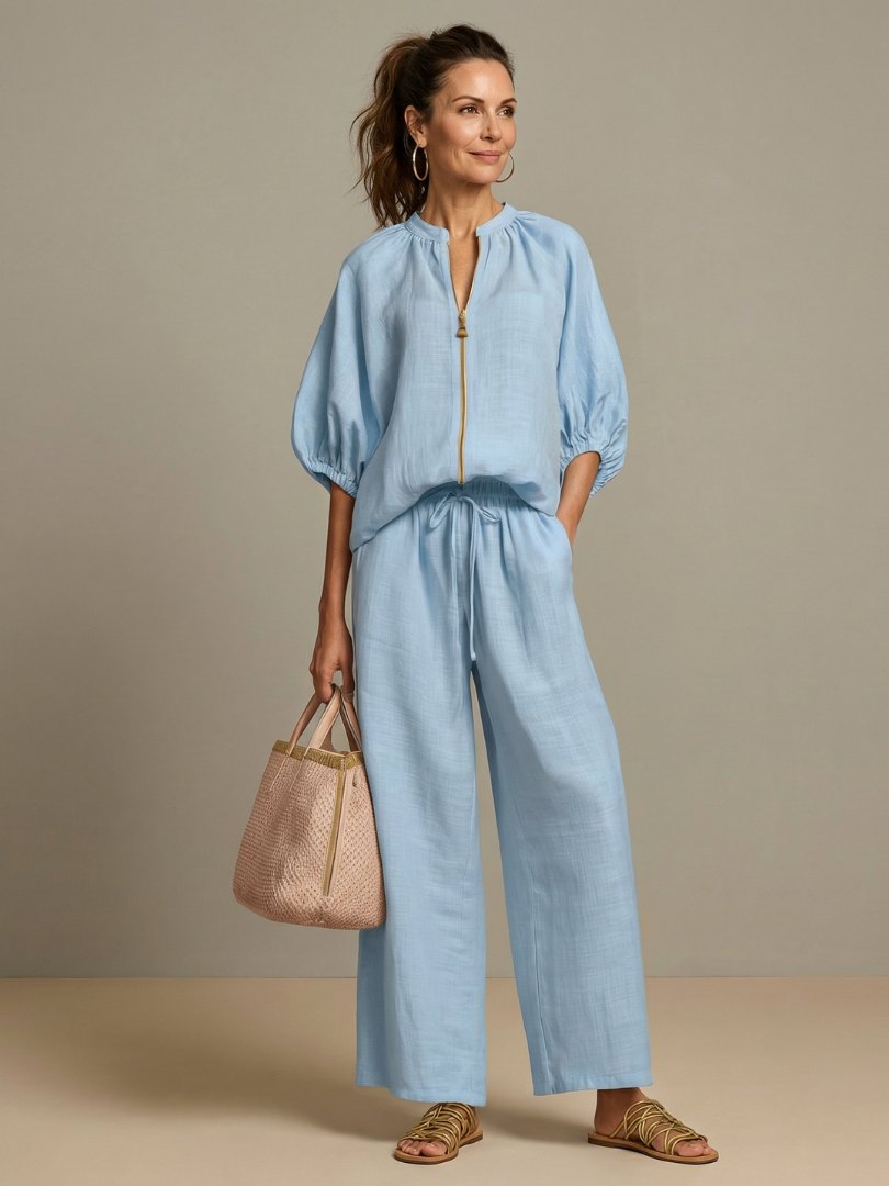 Comfortable Blue Loungewear Set for Women with Puff Sleeve Zip Front Elastic Waist Wide Leg Everyday Style