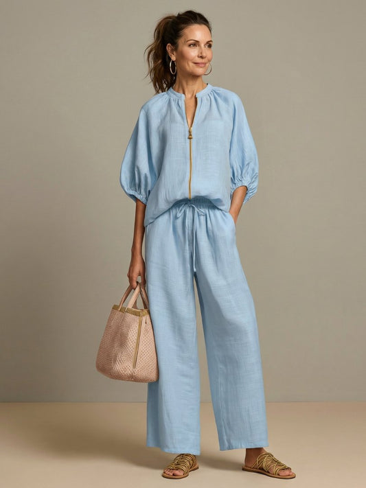 Comfortable Blue Loungewear Set for Women with Puff Sleeve Zip Front Elastic Waist Wide Leg Everyday Style
