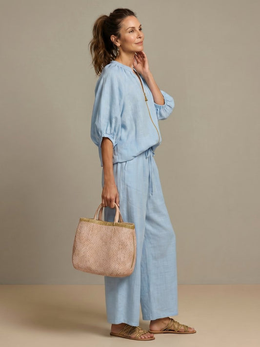 Comfortable Blue Loungewear Set for Women with Puff Sleeve Zip Front Elastic Waist Wide Leg Everyday Style