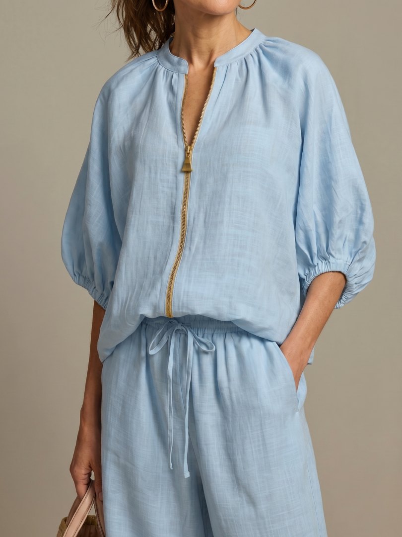Comfortable Blue Loungewear Set for Women with Puff Sleeve Zip Front Elastic Waist Wide Leg Everyday Style