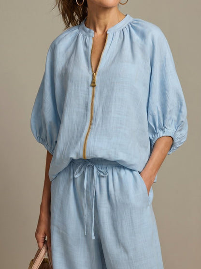 Comfortable Blue Loungewear Set for Women with Puff Sleeve Zip Front Elastic Waist Wide Leg Everyday Style