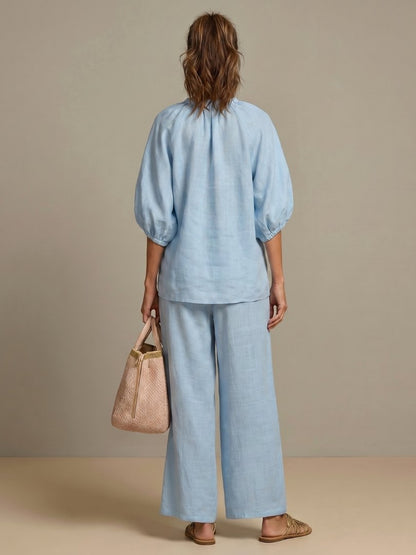 Comfortable Blue Loungewear Set for Women with Puff Sleeve Zip Front Elastic Waist Wide Leg Everyday Style