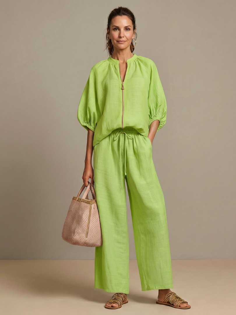 Comfortable Blue Loungewear Set for Women with Puff Sleeve Zip Front Elastic Waist Wide Leg Everyday Style