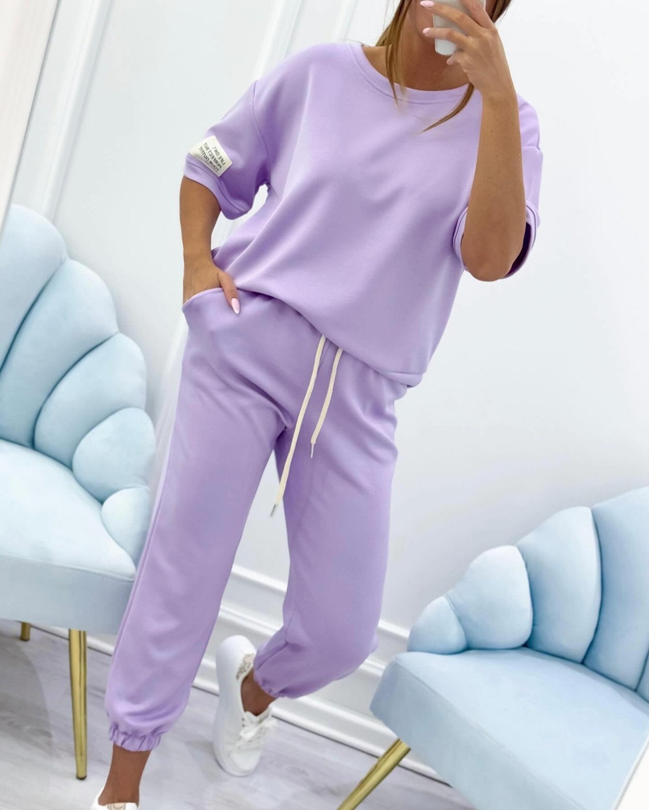 Comfortable Blue Loungewear Set for Women with Short Sleeve Relaxed Fit Everyday Wear Lounge Style