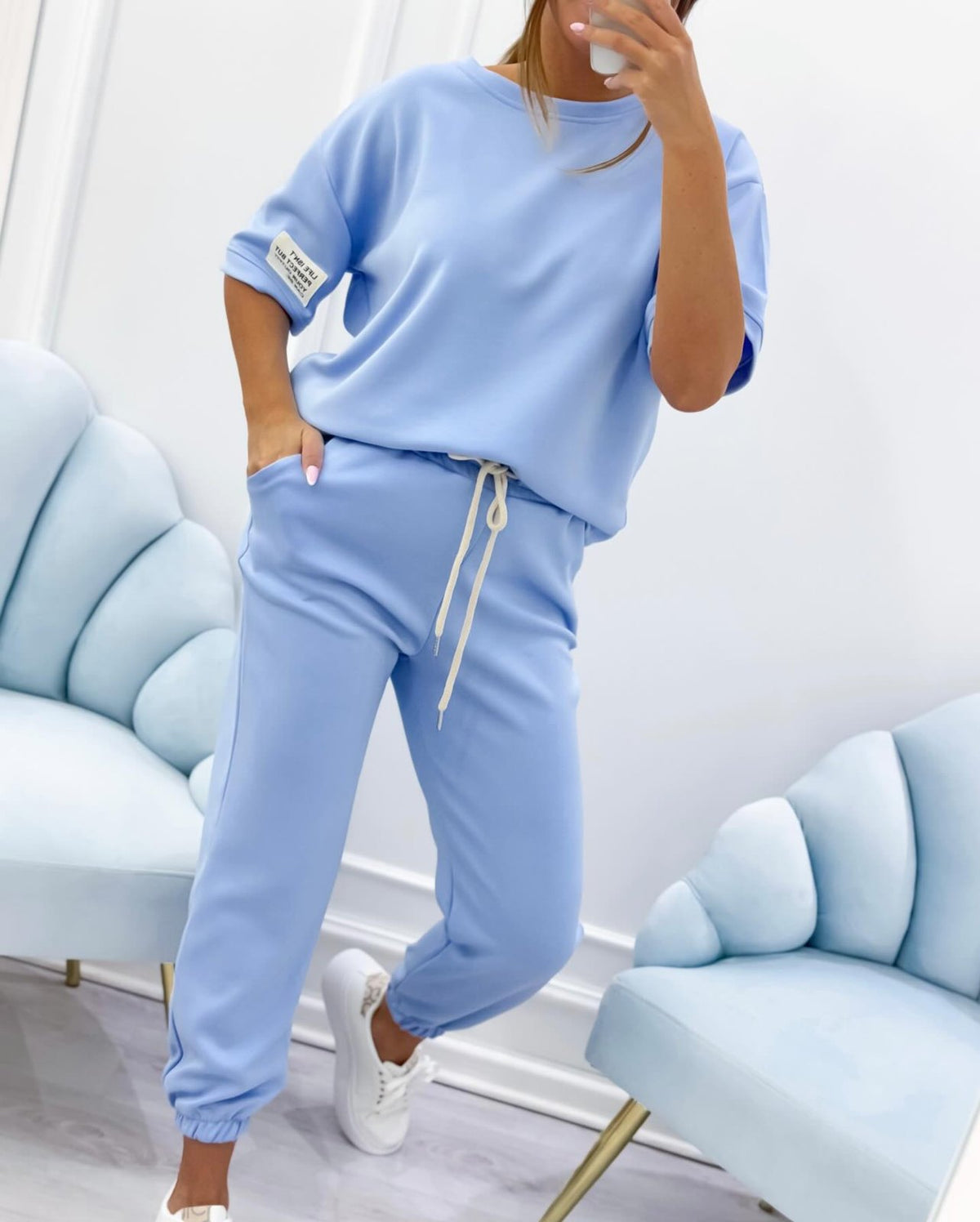 Comfortable Blue Loungewear Set for Women with Short Sleeve Relaxed Fit Everyday Wear Lounge Style
