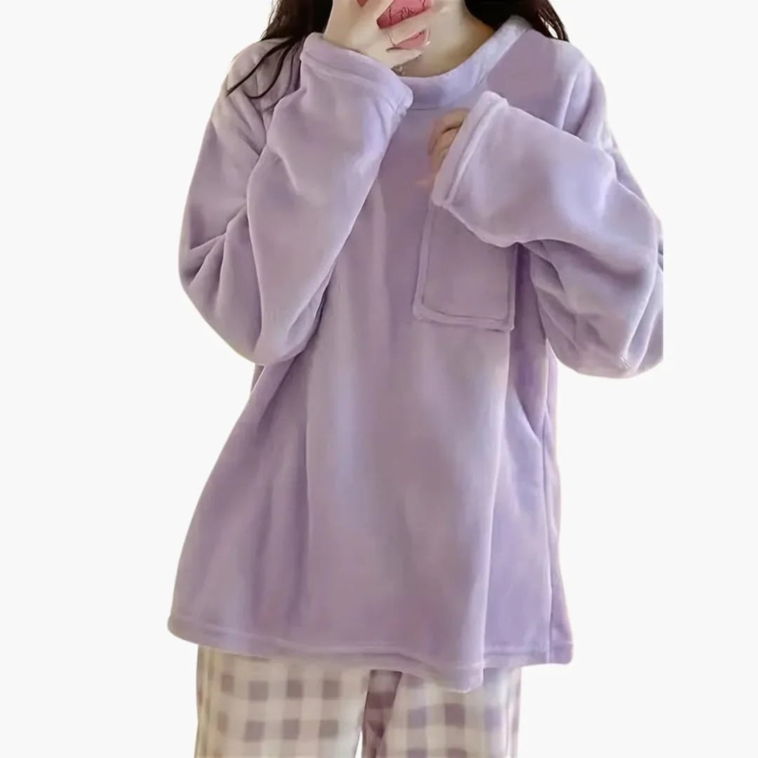 Comfortable Blue Pajamas for Women with Long Sleeve Side Pockets Plaid Relaxed Style