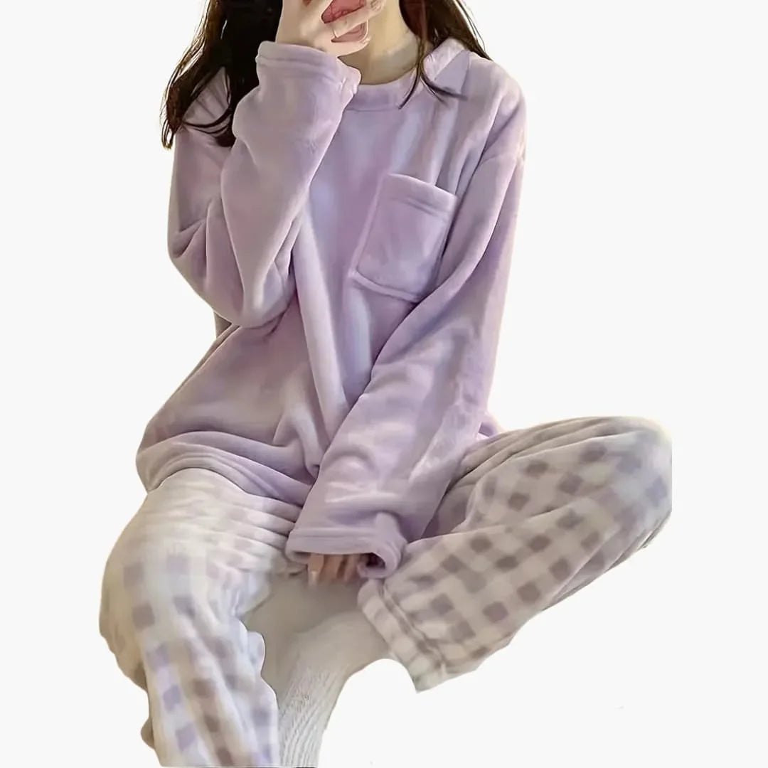 Comfortable Blue Pajamas for Women with Long Sleeve Side Pockets Plaid Relaxed Style