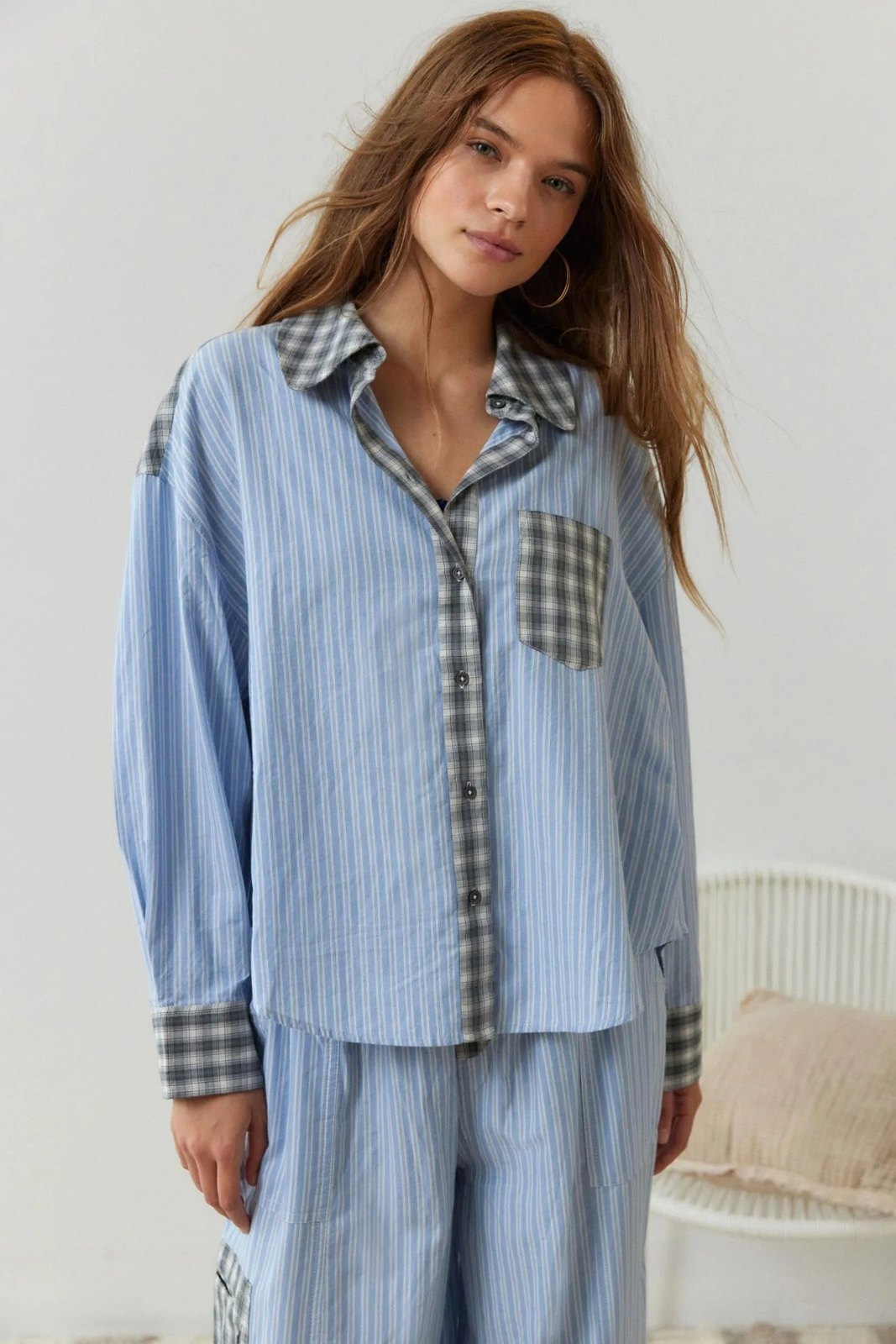 Comfortable Blue Pajamas Set for Women with Long Sleeve Button Front Wide Leg Plaid Relaxed Style