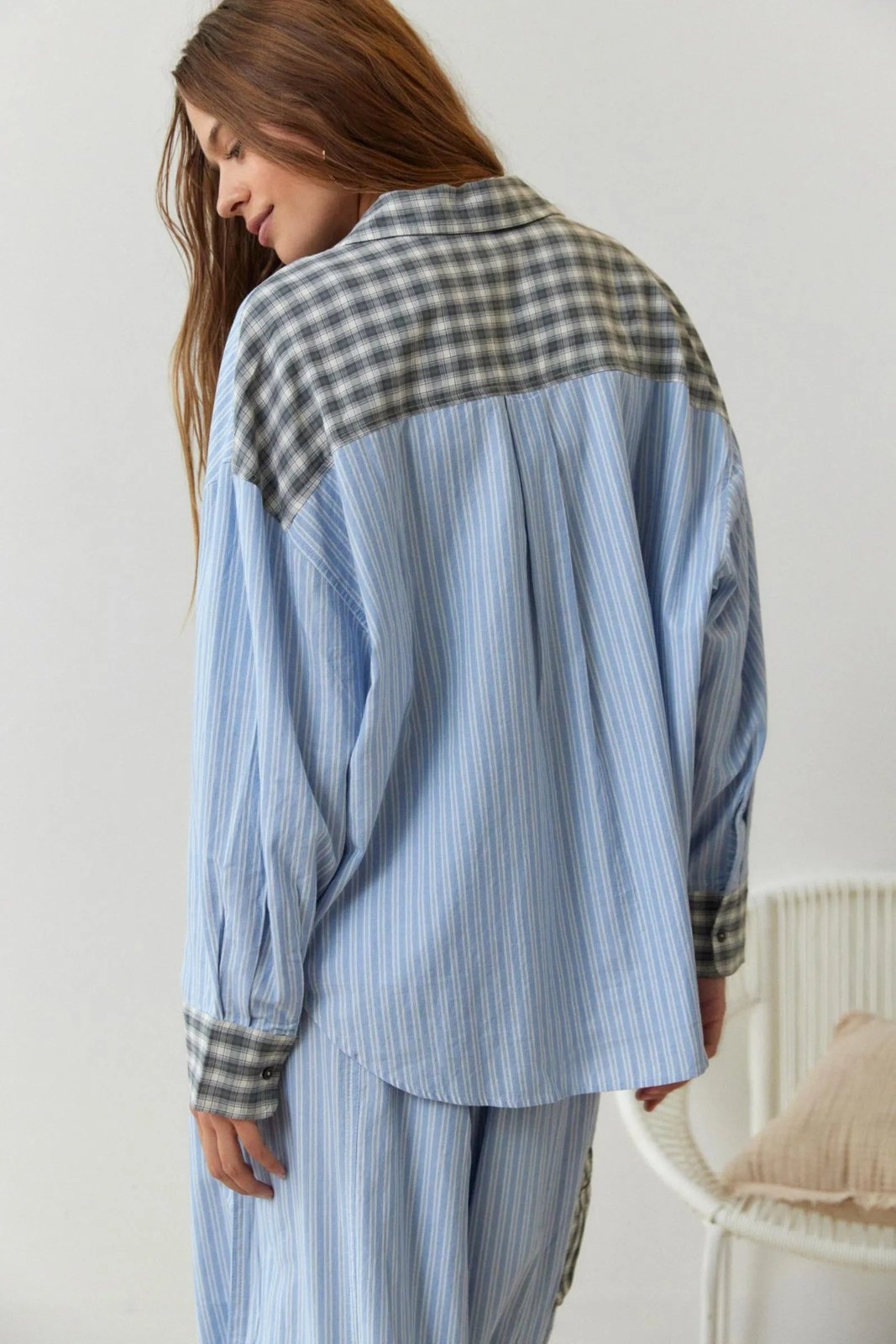 Comfortable Blue Pajamas Set for Women with Long Sleeve Button Front Wide Leg Plaid Relaxed Style