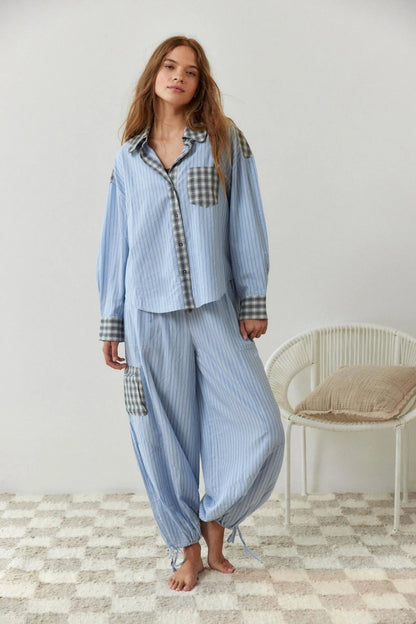 Comfortable Blue Pajamas Set for Women with Long Sleeve Button Front Wide Leg Plaid Relaxed Style