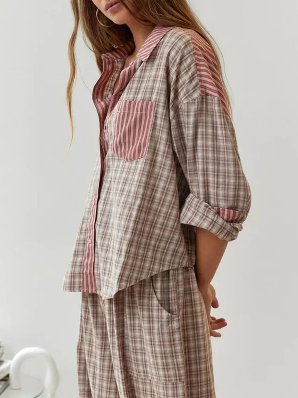 Comfortable Blue Pajamas Set for Women with Long Sleeve Button Front Wide Leg Plaid Relaxed Style