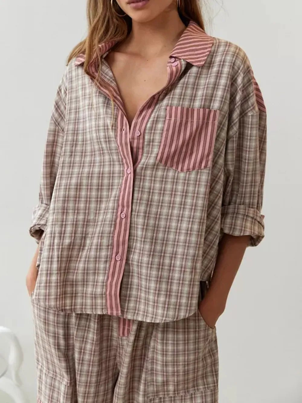 Comfortable Blue Pajamas Set for Women with Long Sleeve Button Front Wide Leg Plaid Relaxed Style