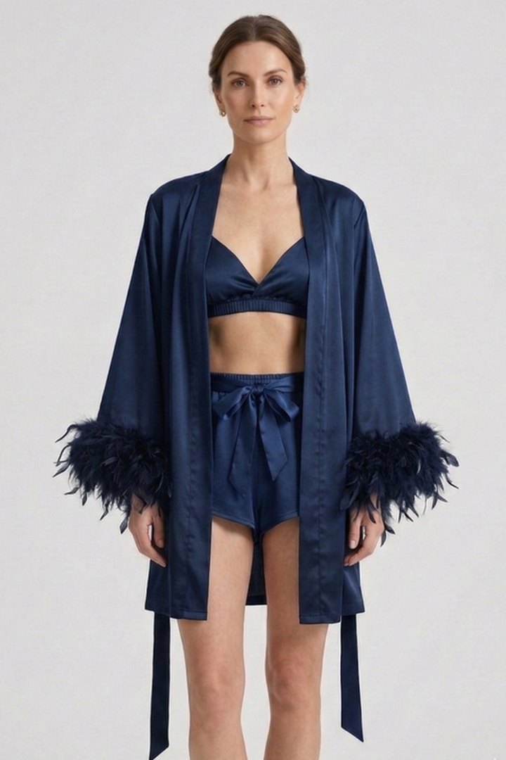 Comfortable Blue PJ Pants for Women with V Neck Long Sleeve Side Pockets Elastic Waist Open Front Cosy Style