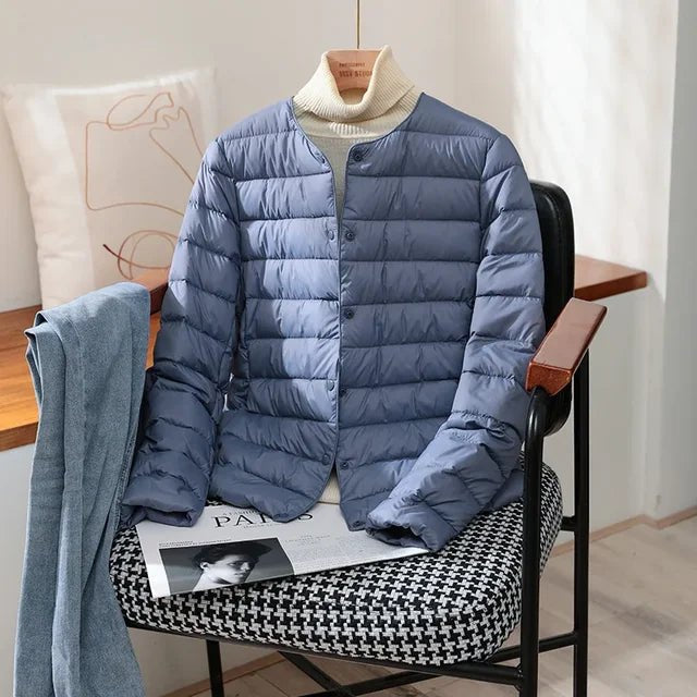 Comfortable Blue Quilted Jacket for Women with Relaxed Fit Everyday Wear Soft Finish Layered Style