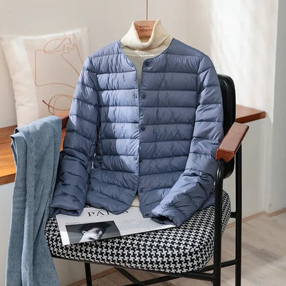 Comfortable Blue Quilted Jacket for Women with Relaxed Fit Everyday Wear Soft Finish Layered Style