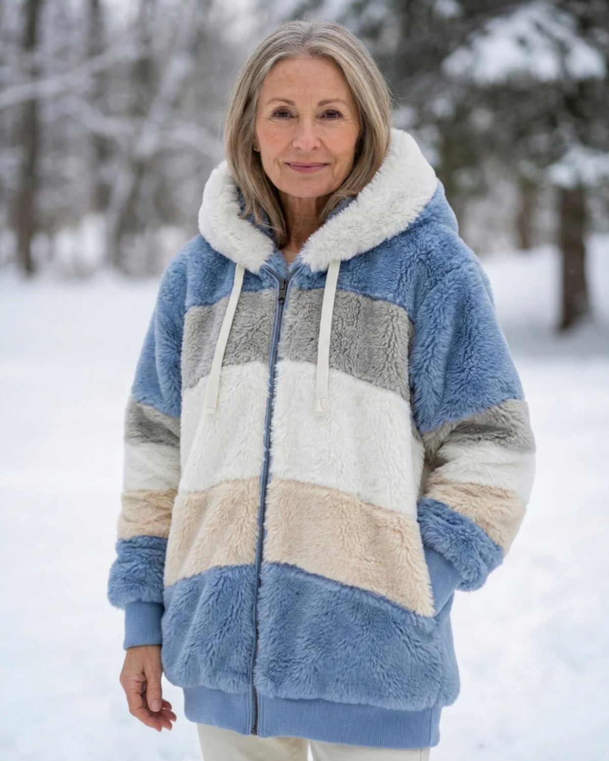 Comfortable Blue Winter Jacket for Women with Relaxed Fit Wrap Front Plush Layered Style