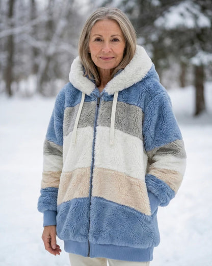 Comfortable Blue Winter Jacket for Women with Relaxed Fit Wrap Front Plush Layered Style