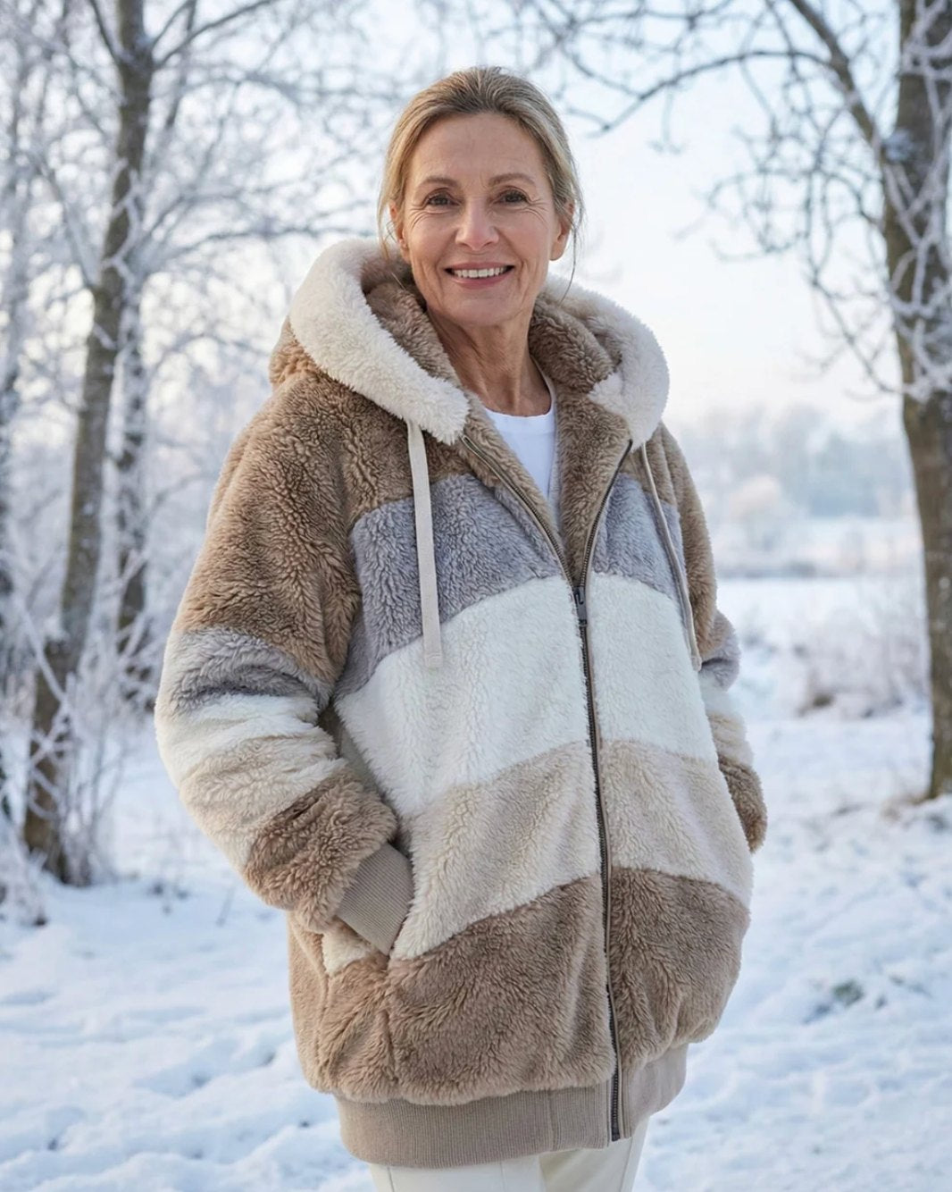 Comfortable Blue Winter Jacket for Women with Relaxed Fit Wrap Front Plush Layered Style
