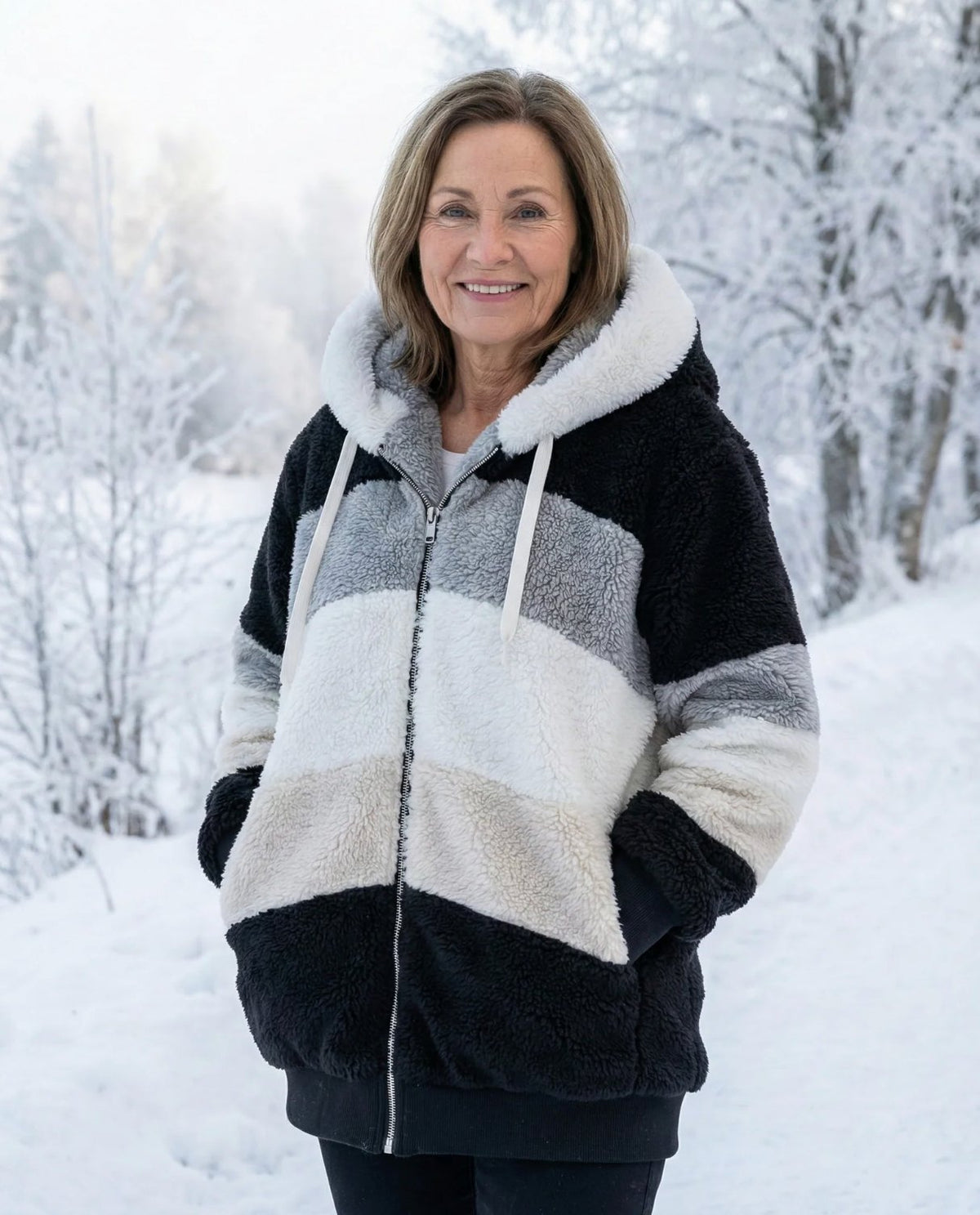 Comfortable Blue Winter Jacket for Women with Relaxed Fit Wrap Front Plush Layered Style