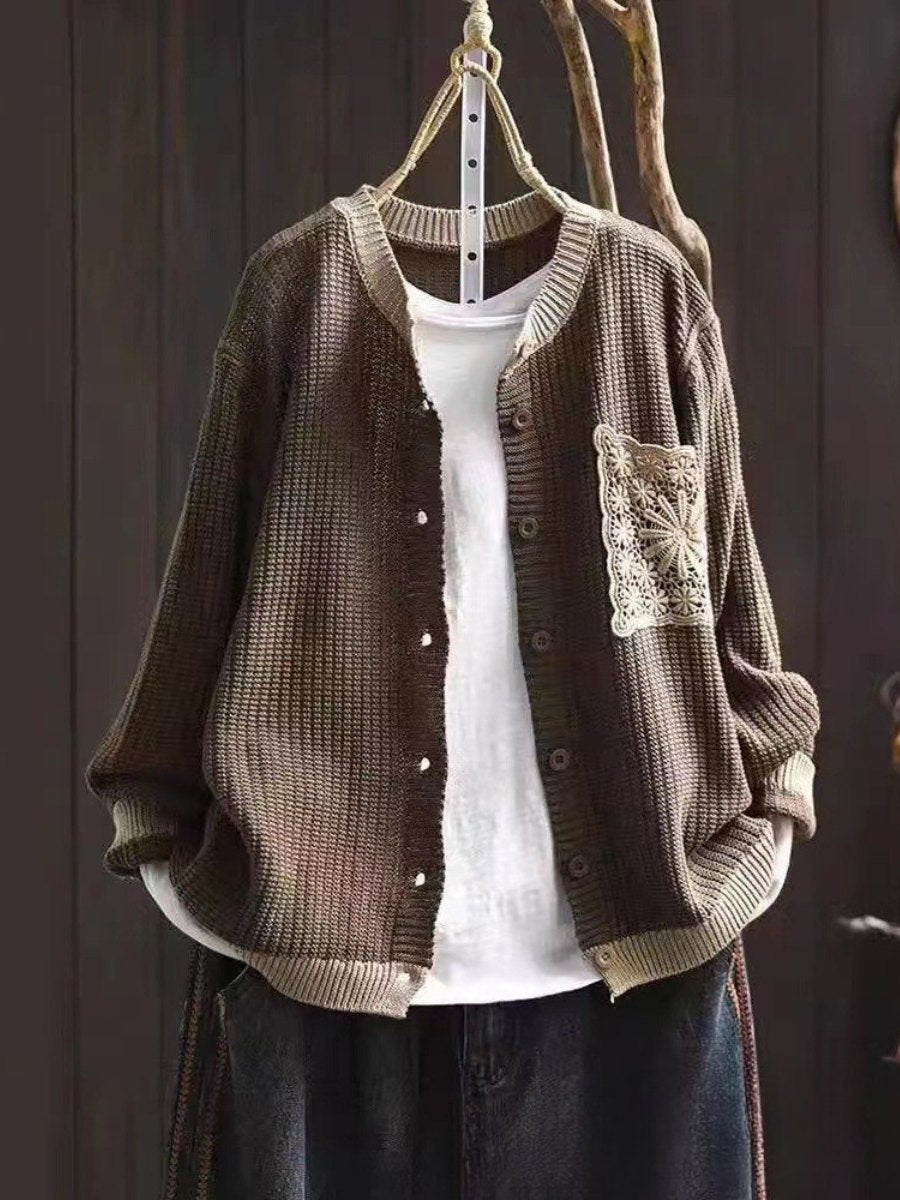 Comfortable Brown Cardigan for Women with Button Front Side Pockets Lace Trim Relaxed Style