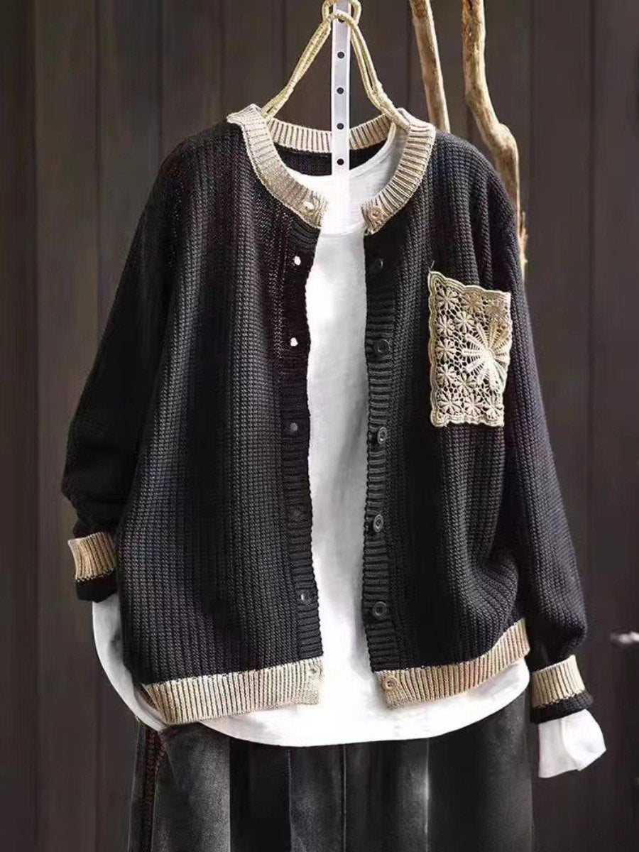 Comfortable Brown Cardigan for Women with Button Front Side Pockets Lace Trim Relaxed Style