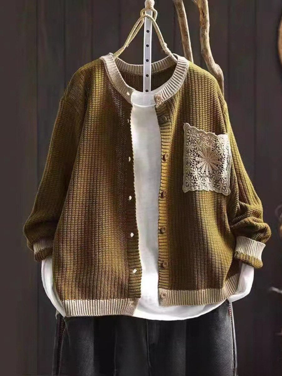 Comfortable Brown Cardigan for Women with Button Front Side Pockets Lace Trim Relaxed Style