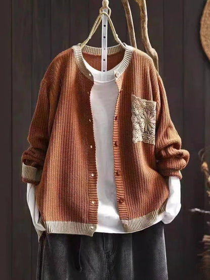 Comfortable Brown Cardigan for Women with Button Front Side Pockets Lace Trim Relaxed Style