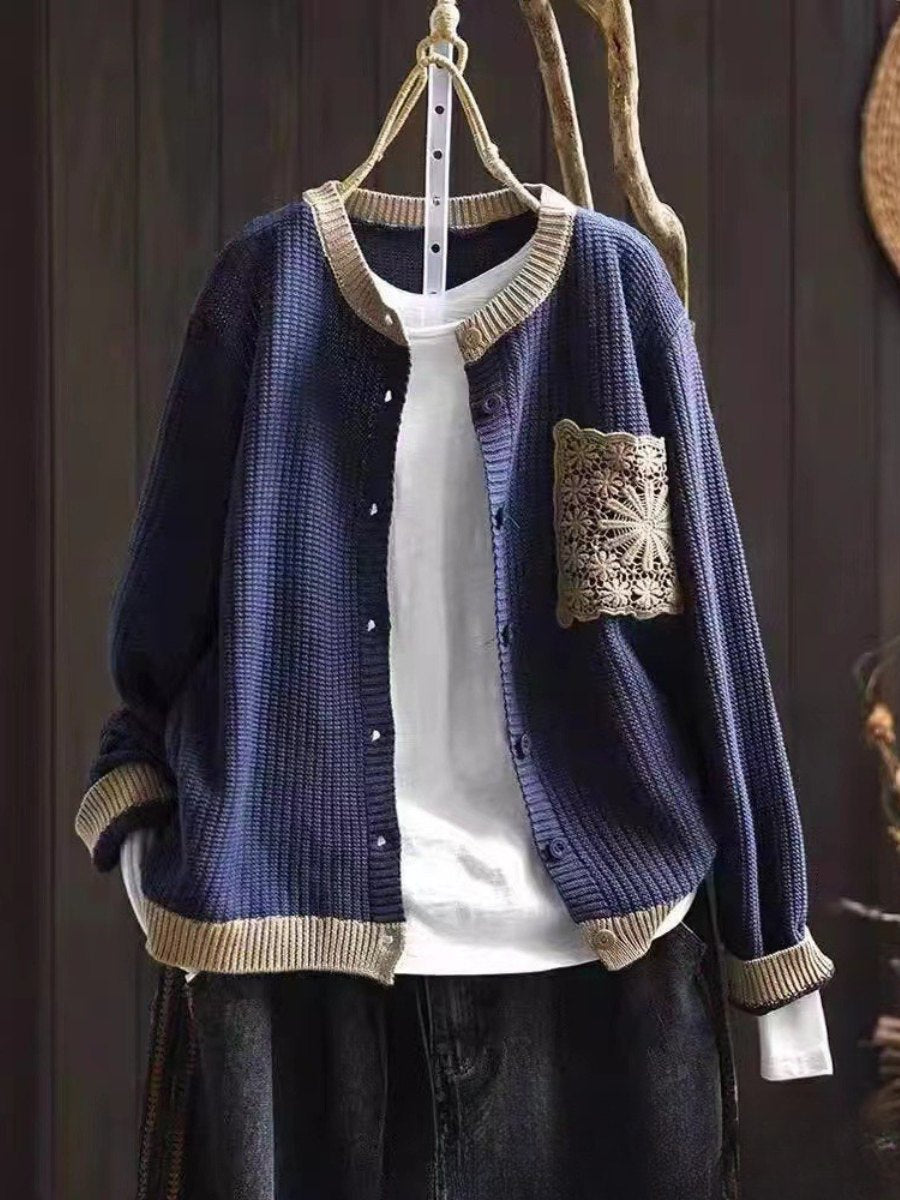 Comfortable Brown Cardigan for Women with Button Front Side Pockets Lace Trim Relaxed Style