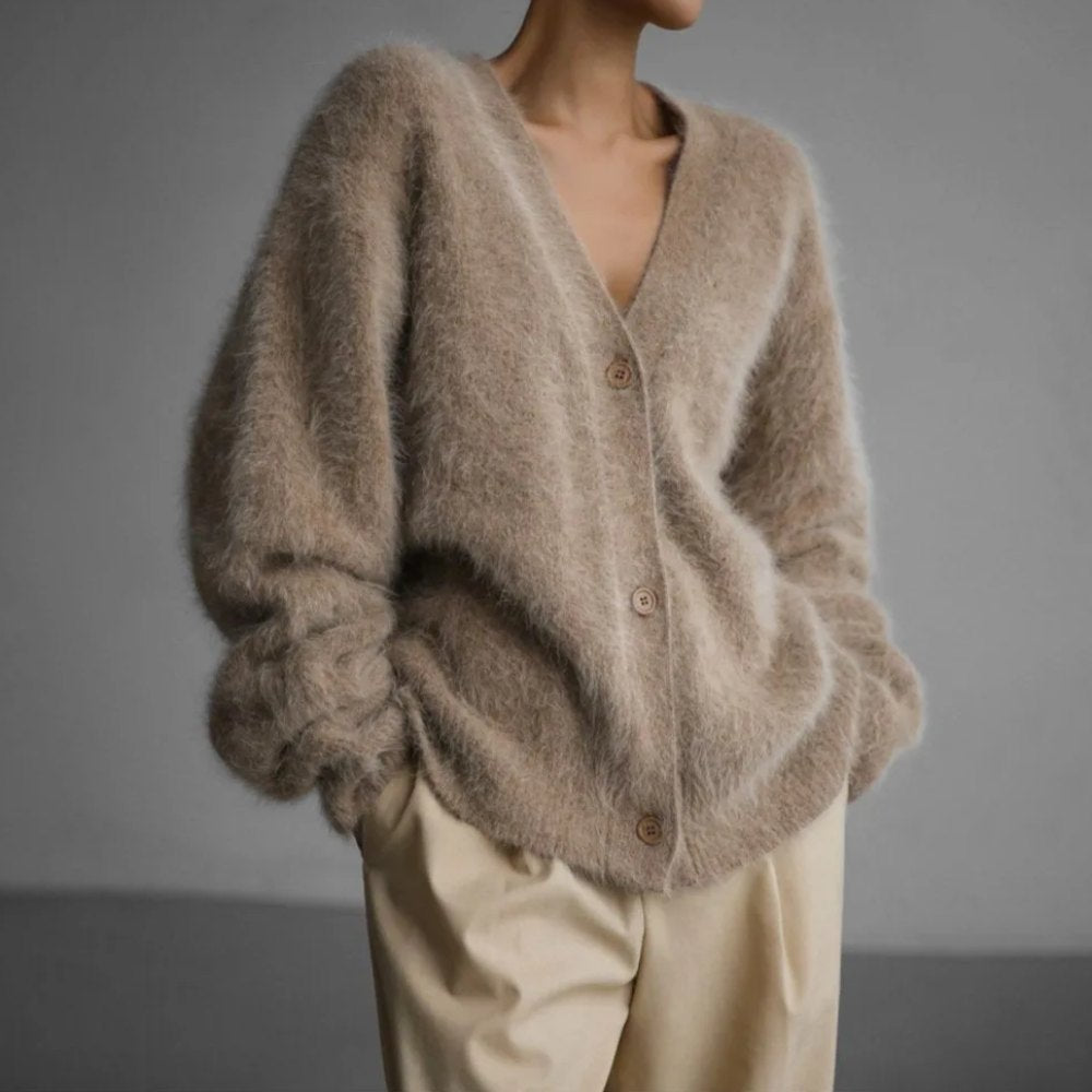 Comfortable Brown Cardigan for Women with V Neck Button Front Oversized Fit Wrap Front Relaxed Style