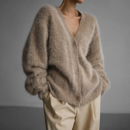 Comfortable Brown Cardigan for Women with V Neck Button Front Oversized Fit Wrap Front Relaxed Style