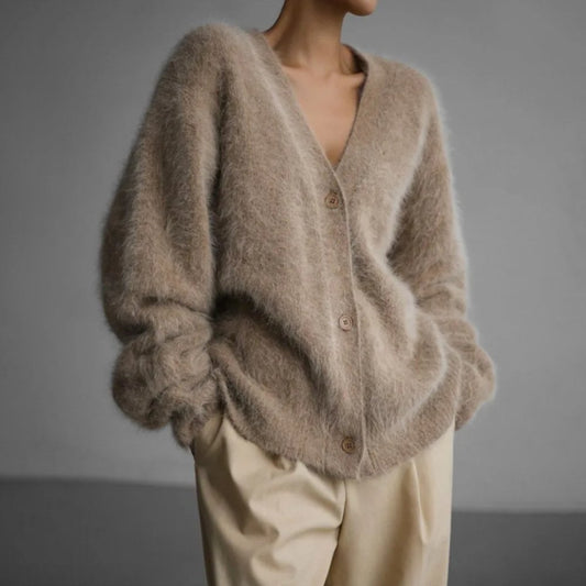 Comfortable Brown Cardigan for Women with V Neck Button Front Oversized Fit Wrap Front Relaxed Style