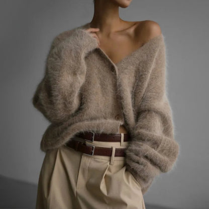Comfortable Brown Cardigan for Women with V Neck Button Front Oversized Fit Wrap Front Relaxed Style